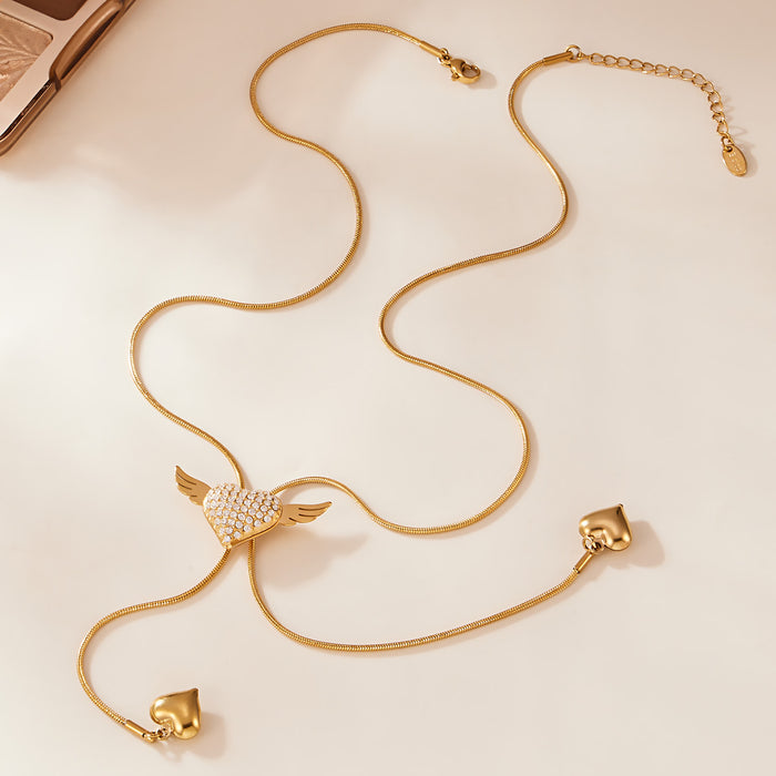 Angel Wing Heart Zircon Lariat Necklace Gold Steel