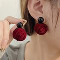 Red and Brown Fabric Rose Black Top Dangle Earrings view 1
