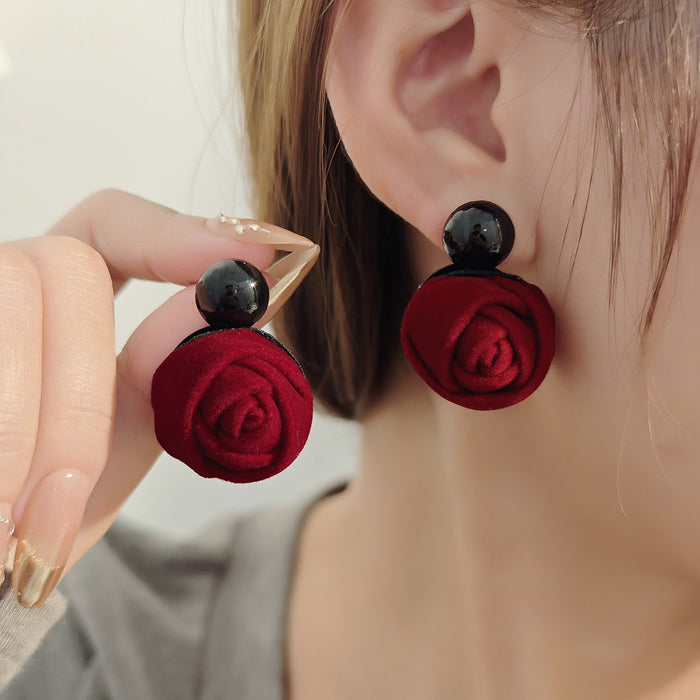 Red and Brown Fabric Rose Black Top Dangle Earrings