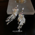 Gold Crystal Fan Pearl Tassel Drop Earrings Polished Metal Jewelry view 3