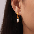Freshwater Pearl Huggie Hoop Drop Earrings Gold Or Steel view 3