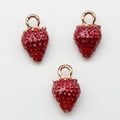 Textured Red Strawberry Charm with Green Enamel Leaf and Gold Tone Loop view 3