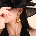 Gold Tone 3D Triangle Pyramid Drop Huggie Hoop Earrings view 4
