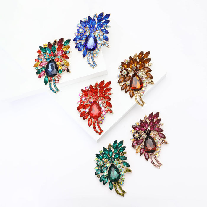 Large Rhinestone Leaf Spray Brooch Six Color Glass Stone