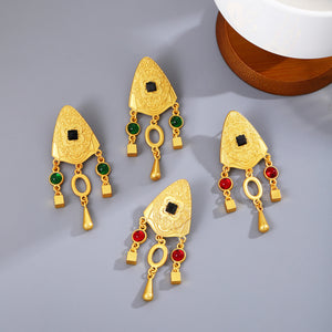 Gold-Tone Engraved Triangle Drop Earrings, Red or Green Beads