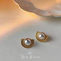 Gold Half Moon Pearl Stud Earrings Ornate Textured Frame view 3