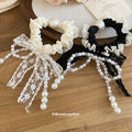 White Lace Bow Pearl Bead Tassel Scrunchie Hair Tie view 2