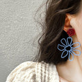 Blue Wire Flower and Red Rose Stud Earrings With Metal Details view 2