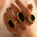 Oval Black Oil Drip Open Band Statement Rings Gold Silver Steel view 4