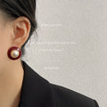Red Enamel Circular Pearl Stud Earrings Gold Rim Vintage view 2