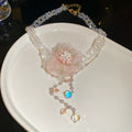 Pink Tulle Flower Pearl Drop Earrings and White Floral Necklace view 7
