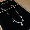 Silver Pearl Flower Crystal Pendant Necklace Oval Center Drop view 6