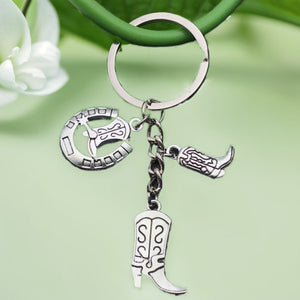 Three-Style Antique Silver Cowboy Boot Hat and Cactus Charm Keychains