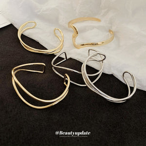 Five Mixed Wave Geometric And Twisted Wire Open Cuff Bracelets
