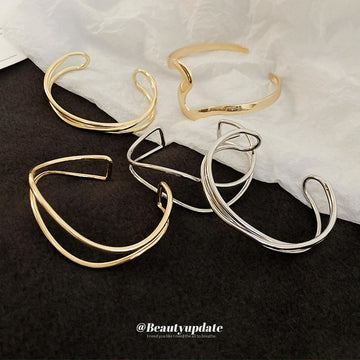 Five Mixed Wave Geometric And Twisted Wire Open Cuff Bracelets