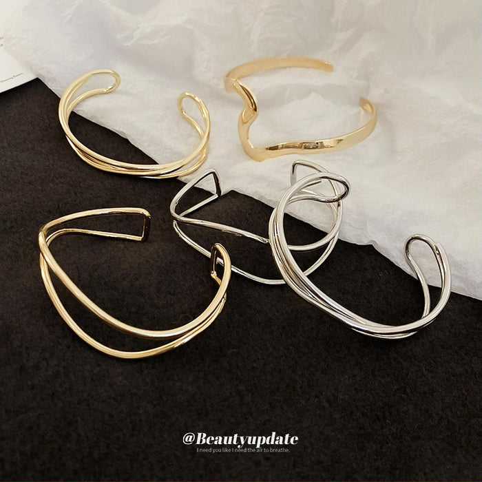 Five Mixed Wave Geometric And Twisted Wire Open Cuff Bracelets