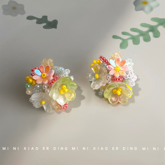 Multicolor Translucent Mini Flower Cluster Stud Earrings For Women