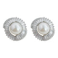Silver Pearl Center Double Halo Baguette CZ Stud Earrings view 5