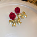 Red Fabric Flower and Bow Statement Earrings Statement Jewelry view 9