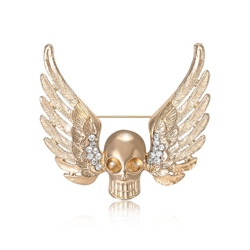 Gold Silver Winged Skull Brooch Clear Rhinestone Accents