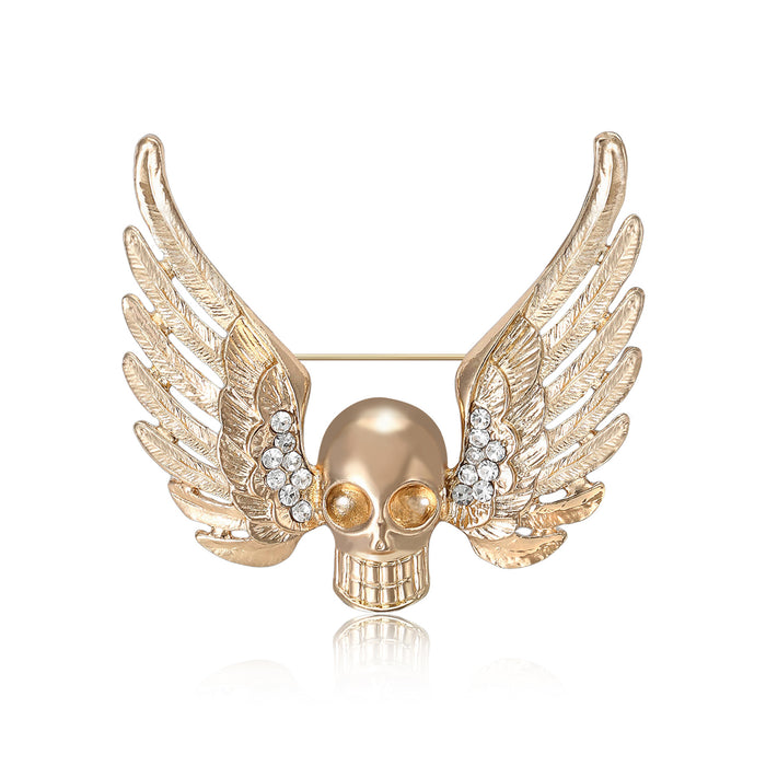 Gold Silver Winged Skull Brooch Clear Rhinestone Accents