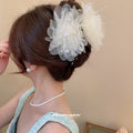 Ivory Mesh Flower Hair Claw Clip Pearl Bead Accents view 3