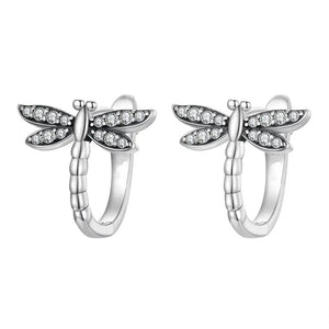 Dragonfly Clear Stone Huggie Hoop Earrings Gold White Metal