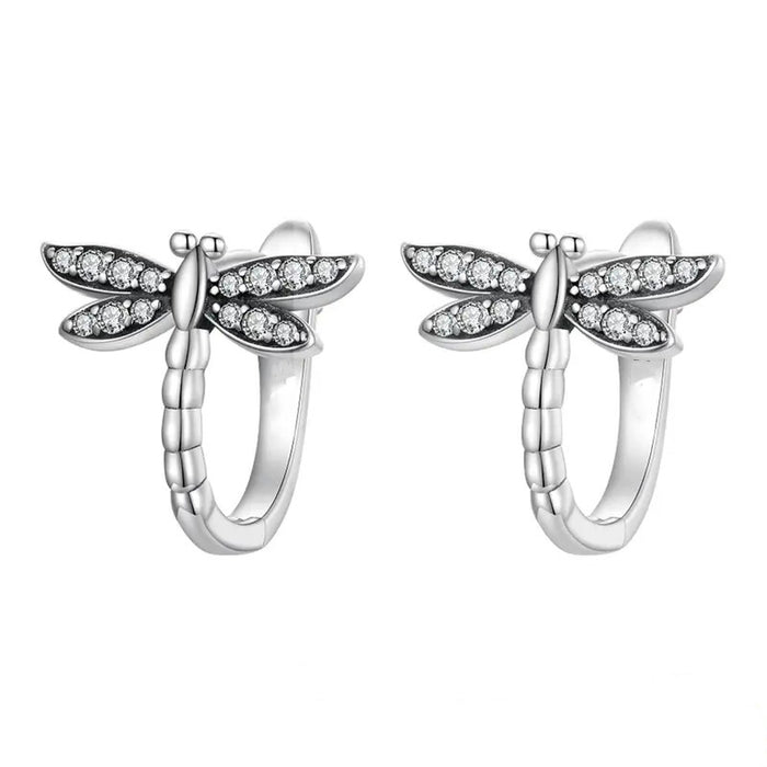 Dragonfly Clear Stone Huggie Hoop Earrings Gold White Metal