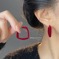 Wine Red Velvet Geometric Square Open Hoop Stud Earrings view 2