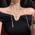 Silver Tone Cross And Pearl Necklace With Layered Drop Chains view 6