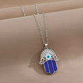 Gold and Silver Tone Blue Crystal Hamsa Eye Pendant Necklaces view 10