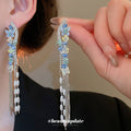 Blue Green Crystal Chain Tassel Stud Earrings Fashion Jewelry view 2