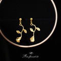 Gold Tone Rosebud Stem And Leaf Drop Stud Earrings For Women view 4