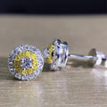 Yellow Center Double Halo Stud Earrings in Polished Metal view 4