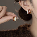 Gold Burgundy White Enamel Half Hoop Huggie Stud Earrings view 3
