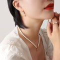 Teardrop Bar Hook Earrings Faux Pearl Accent Gold Steel view 1