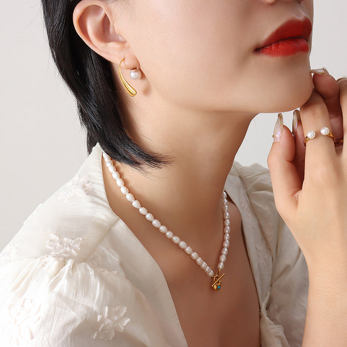 Teardrop Bar Hook Earrings Faux Pearl Accent Gold Steel