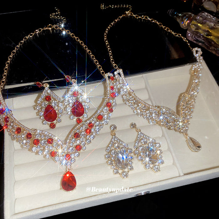 Gold Teardrop Rhinestone Necklace Earring Set 2 Colors