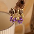 Purple Grape Cluster Gold Tone Compact Small Huggie Earrings view 2