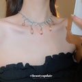 Silver Rhinestone V Necklace Pink Teardrop Pendants view 3