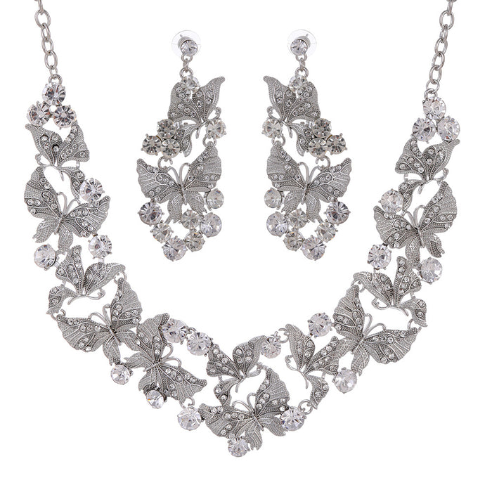 Silver Tone Butterfly Crystal Metal Necklace and Earring Set