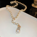 White Pearl Y Drop Necklace Teardrop Pendant Gold Accents view 6