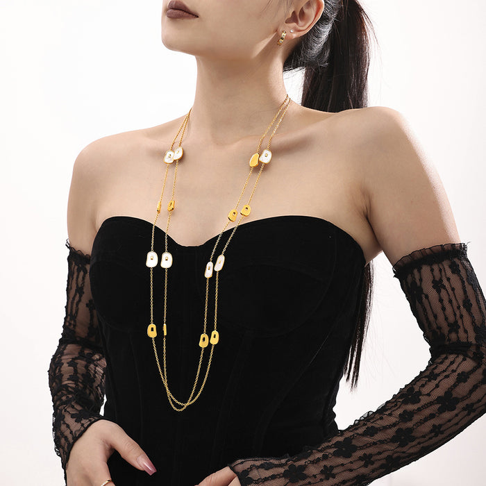 Long Gold Station Necklace White Sea Shell and Metal Discs