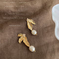 Gold Leaf Pearl Drop Earrings Crystal Accent Stud Pair view 4