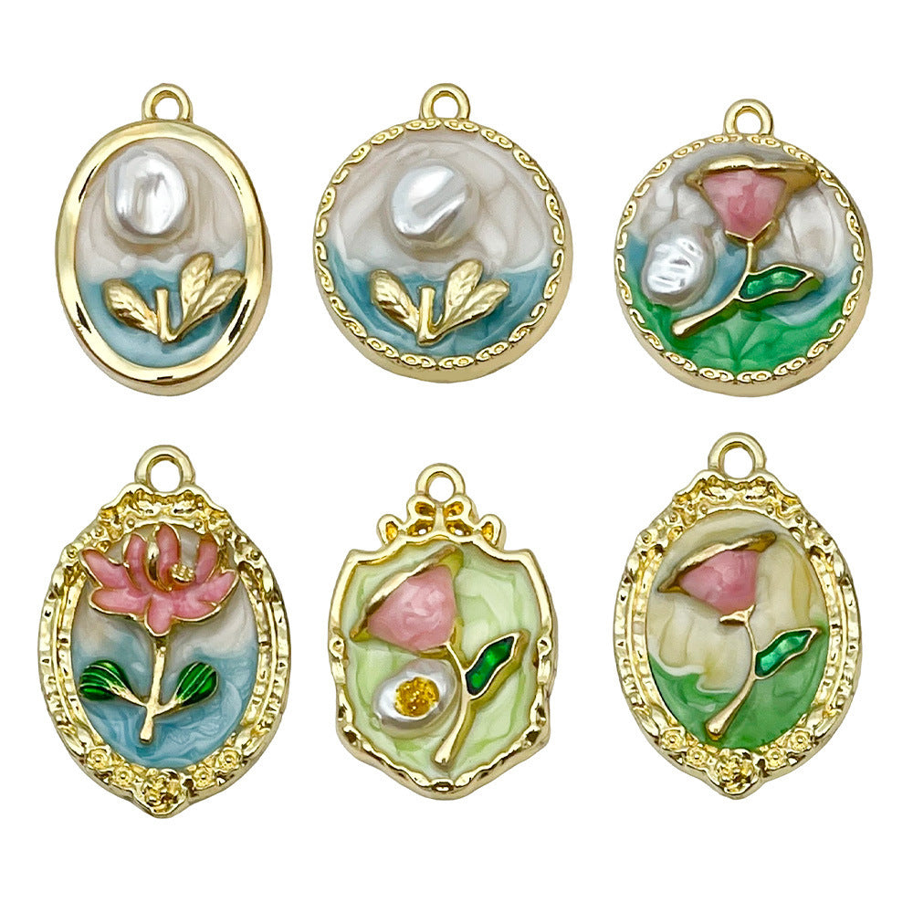 Vintage Zinc Alloy Oil Painting Bouquet charm pendants for DIY earrings necklace keychain