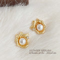 Gold Textured Flower Pearl Stud Earrings Crystal Accent view 4