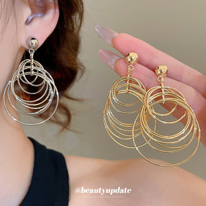 Layered Metal Circle Drop Earrings with Reflective Details