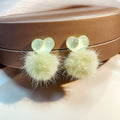 Pink Purple and Green Heart Pom Pom Dangle Stud Earrings view 2