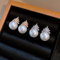 Silver Tone Crown Pearl Stud Earrings With Round Drops view 1
