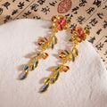 Colorful Floral Vine Gold Tone Extra Long Stud Earrings view 3